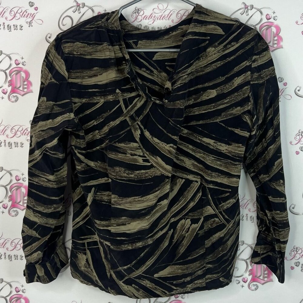 Jones New York 100% silk top abstract soft brush strokes Black and Tan Blouse